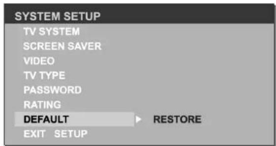 SYSTEM SETUP TV SYSTEM SCREEN SAVER VIDEO TV TYPE PASSWORD RATING DEFAULT RESTORE EXIT SETUP