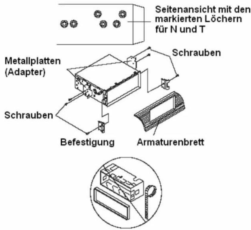 Seitenansicht mit den markierten Löchern für N und T, Metallplatten (Adapter), Schrauben, Schrauben, Befestigung, Armaturenbrett