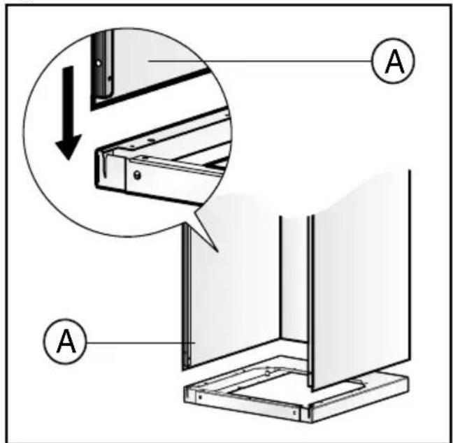 Technical diagram showing a mechanical assembly with labeled components A, including an inset detail view of a bracket or mounting structure.