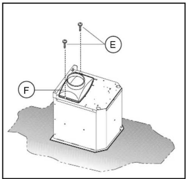 Technical diagram of a mechanical component with labeled parts F and E, showing internal structure and alignment indicators.