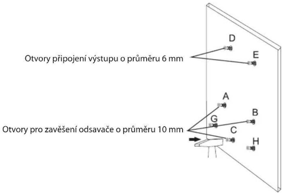 Otvory připojení výstupu o průměru 6 mm Otvory pro zavěšení odsavače o průměru 10 mm