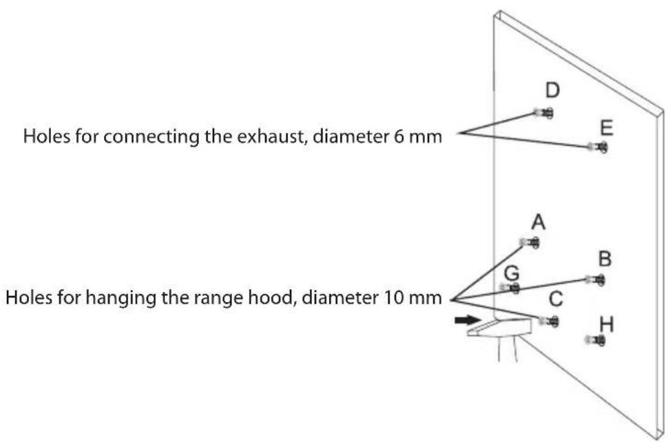Holes for connecting the exhaust, diameter 6 mm Holes for hanging the range hood, diameter 10 mm