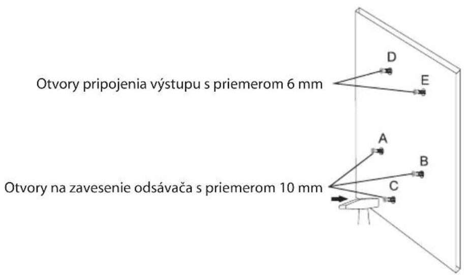 Otvory pripojenia výstupu s priemerom 6 mm Otvory na zavesenie odsávača s priemerom 10 mm