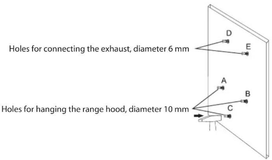 Holes for connecting the exhaust, diameter 6 mm Holes for hanging the range hood, diameter 10 mm