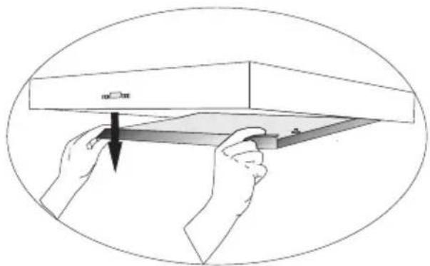 Illustration of hands holding a flatboard with a downward arrow indicating compression or dislocation (no text or symbols)