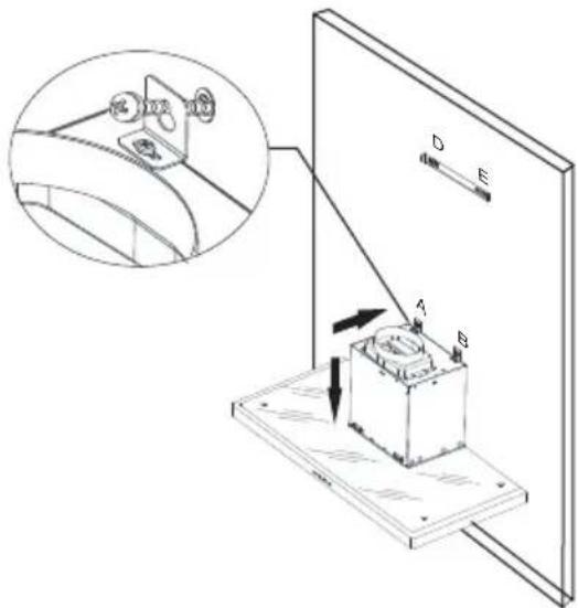 Technical diagram showing a mechanical device with labeled components A, B, D, E and an inset view of the component being mounted.