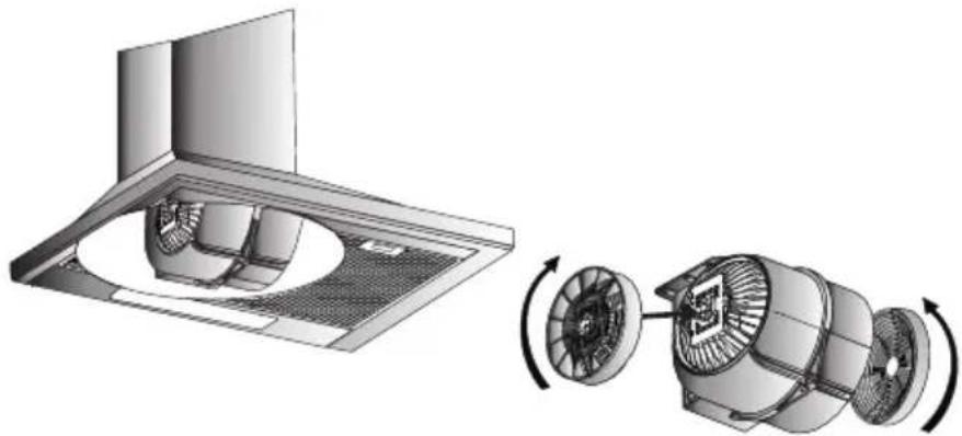 Technical illustration of a fan assembly showing internal components and fan rotation (no text or symbols)