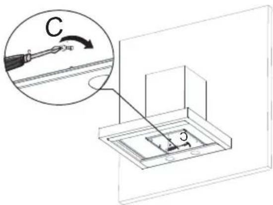 Technical diagram showing a tool interacting with a component, with an inset labeled 'C' indicating rotation or adjustment.