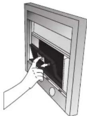Illustration of a hand inserting a device into a rectangular frame (no text or symbols visible)