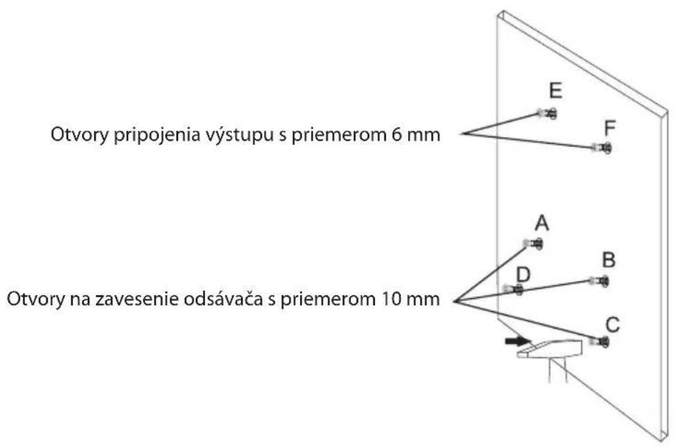 Otvory pripojenia výstupu s priemerom 6 mm Otvory na zavesenie odsávača s priemerom 10 mm