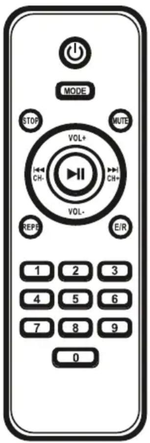 MODE STOP MUTE VOL+ CH- CH+ VOL- E/R REPE 1 2 3 4 5 6 7 8 9 0