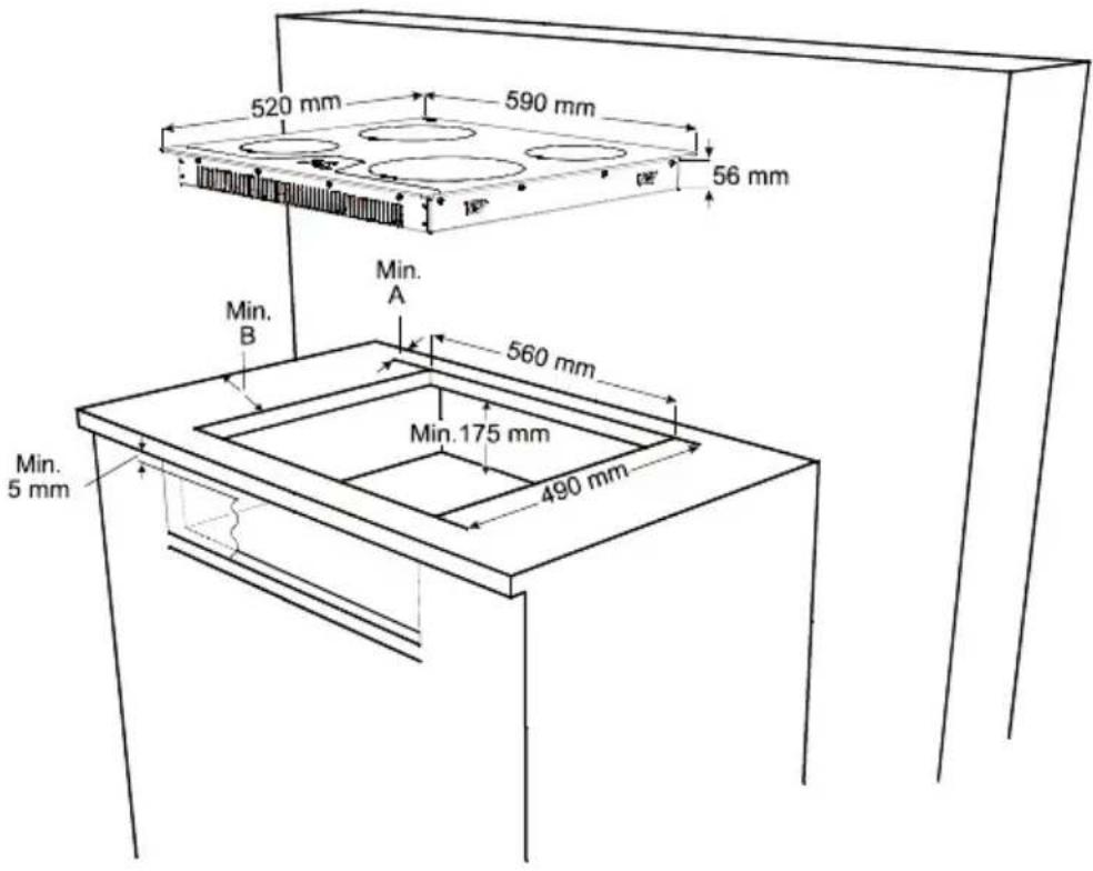 520 mm 590 mm 56 mm 16° Min. A Min. B 560 mm Min.175 mm 490 mm Min. 5 mm