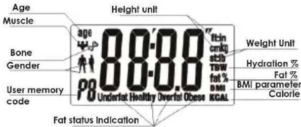 Age Muscle Height unit Bone Gender User memory code 88.88 underfat Healthy Overfat Obese Weight Unit ftin cm(kg stib TBW fat % BMI KCAL) Hydration % Fat % BMI parameter Calorie Fat status Indication