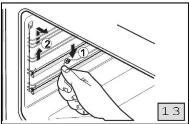 Diagram showing a hand holding a tool interacting with a panel, labeled with arrows and numbered parts 1 and 2.