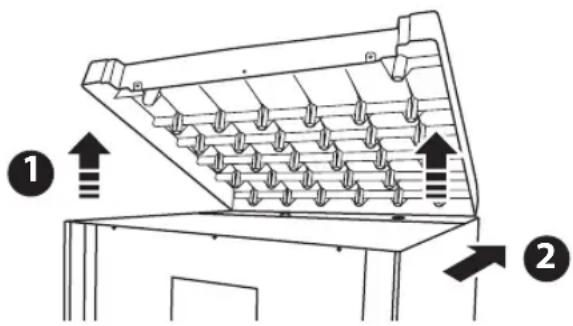 Diagram of a mechanical device with labeled parts and directional arrows indicating flow or movement