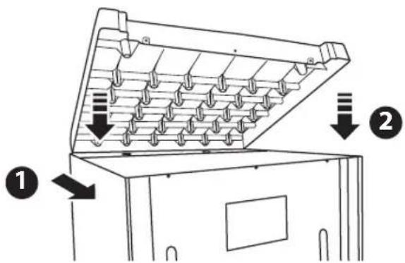 Diagram showing a device with labeled parts and directional arrows indicating movement or assembly.
