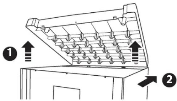 Diagram of a mechanical device with labeled parts and directional arrows indicating movement or force directions.