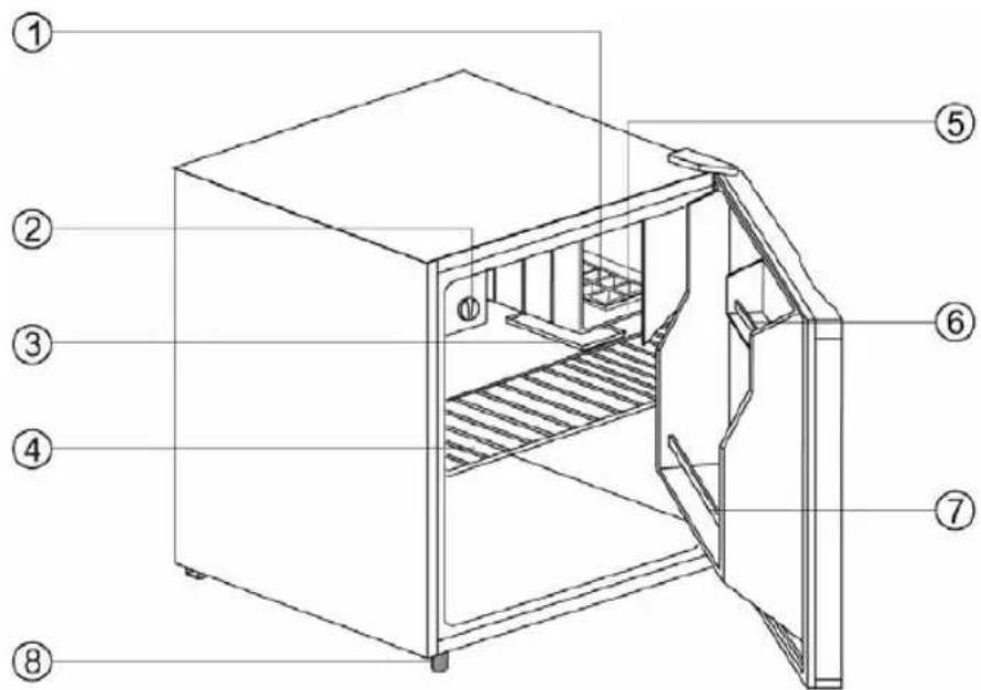 Technical diagram of an open refrigerator with numbered parts labeled for identification.