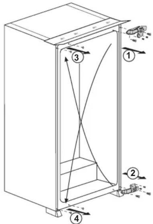 Technical diagram of a cabinet with labeled components and directional arrows indicating flow or movement