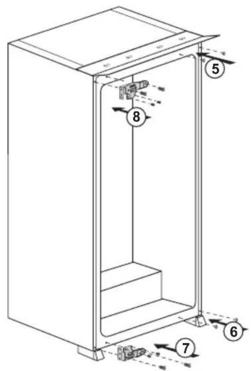 Technical diagram of a refrigerator with numbered components and directional arrows indicating assembly or movement.