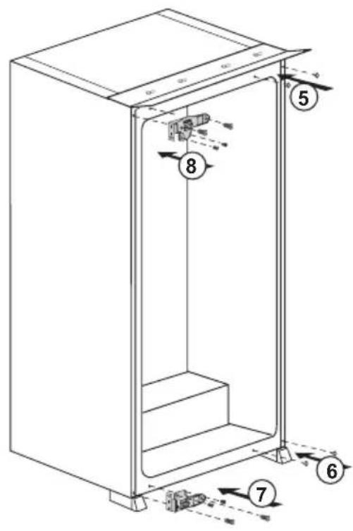 Technical diagram of a refrigerator with numbered components and directional arrows indicating assembly or movement.