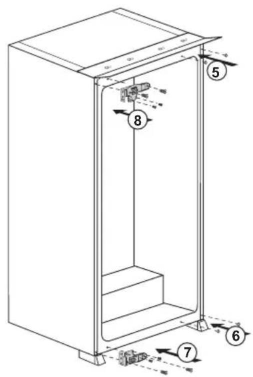 Technical diagram of an appliance cabinet with numbered components and directional arrows indicating assembly or movement.