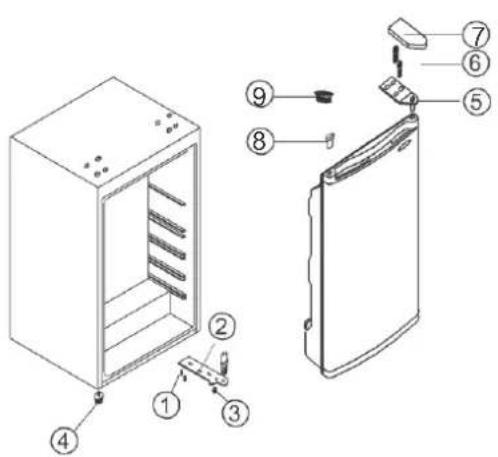Technical diagram of a refrigerator with numbered parts for identification and assembly reference.