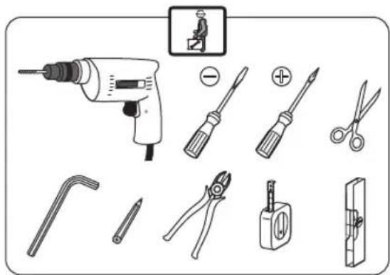 Diagram showing various types of electrical tools including a drill, screwdriver, pliers, and switch components with labeled icons.