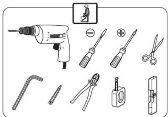 Illustration of various electrical tools including a drill, screwdriver, pliers, and switch components with Chinese labels.