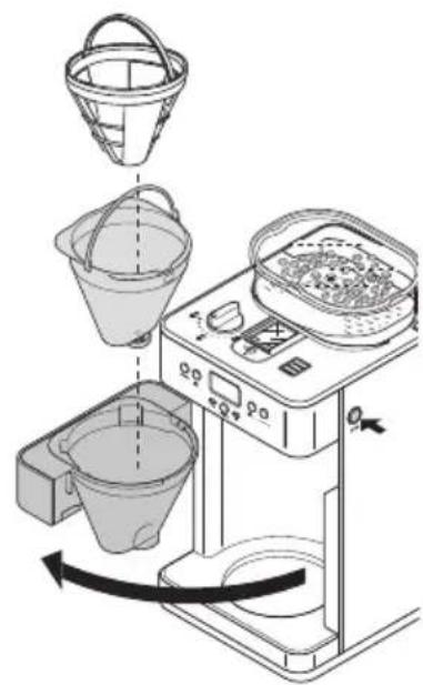 Diagram illustrating a coffee maker's processing steps with labeled components and directional arrows indicating rotation or movement.