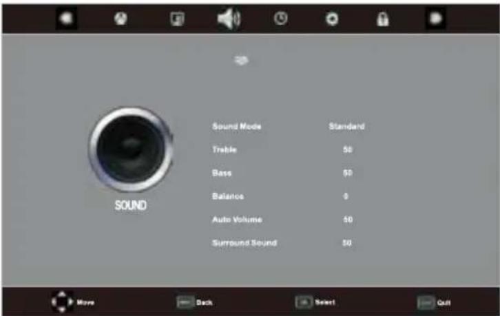 Sound Mode Treble Bass Balance Auto Volume Surround Sound Standard 50 50 0 50 50