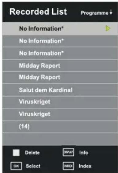 Recorded List Programme + No Information* No Information* No Information* Midday Report Midday Report Salut dem Kardinal Viruskriget Viruskriget (14) Delete OK Select OUTPUT Info INDEX Index