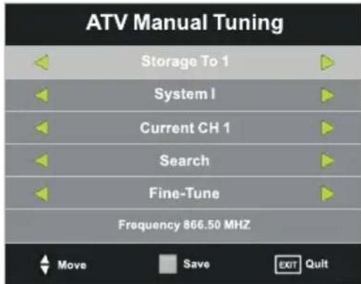 ATV Manual Tuning Storage To 1 System I Current CH 1 Search Fine-Tune Frequency 866.50 MHZ Move Save EXIT Quit