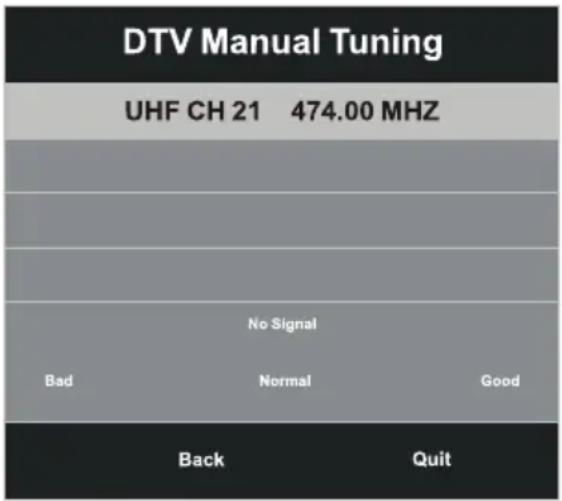 DTV Manual Tuning UHF CH 21 474.00 MHZ No Signal Bad Normal Good Back Quit