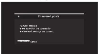 Firmware Update Network problem make sure that the connection and network settings are correct. RETURN Cancel