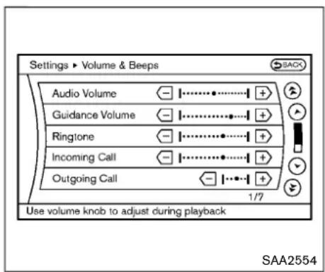 Settings ▶ Volume & Beeps Audio Volume Guidance Volume Ringtone Incoming Call Outgoing Call 1/7 Use volume knob to adjust during playback SAA2554