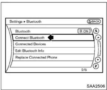 Settings ▶ Bluetooth Back Bluetooth ON Connect Bluetooth Connected Devices Edit Bluetooth Info Replace Connected Phone 2/5 SAA2506