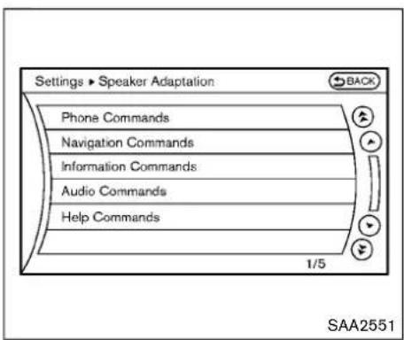 Settings ► Speaker Adaptation Phone Commands Navigation Commands Information Commands Audio Commands Help Commands 1/5 SAA2551