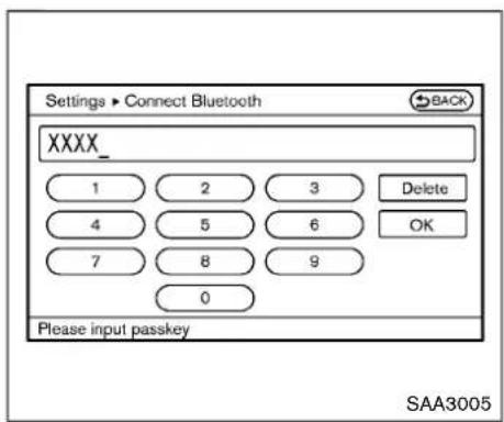 Settings ▶ Connect Bluetooth XXXX_ 1 2 3 Delete 4 5 6 OK 7 8 9 0 Please input passkey SAA3005