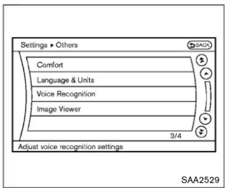 Settings ▶ Others Comfort Language & Units Voice Recognition Image Viewer 3/4 Adjust voice recognition settings SAA2529