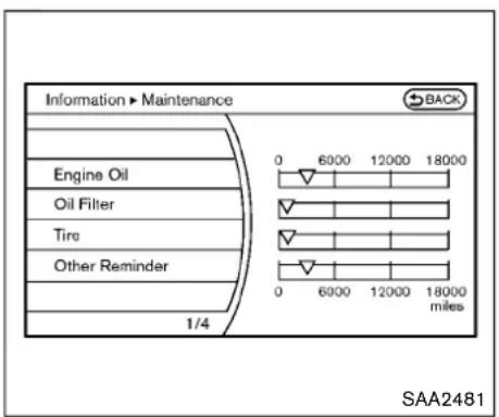 Information ► Maintenance BACK Engine Oil Oil Filter Tire Other Reminder 0 6000 12000 18000 0 6000 12000 18000 miles SAA2481