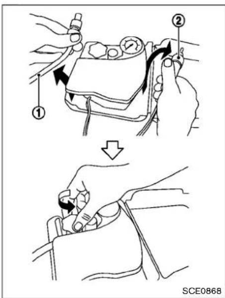 Technical diagram showing two-step procedure for inspecting a device, labeled with steps ① and ②, and a bottom-right reference to SCE0868.