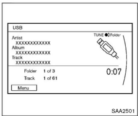 USB Artist XXXXXXXXXXXXX Album XXXXXXXXXXXXX Track XXXXXXXXXXXXX TUNE ● Folder Folder 1 of 3 Track 1 of 61 0:07 Menu SAA2501
