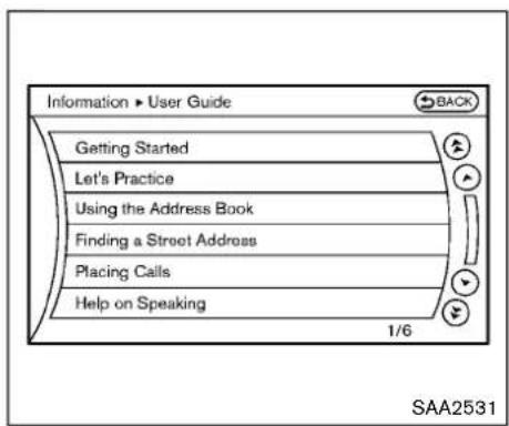 Information ► User Guide Getting Started Let's Practice Using the Address Book Finding a Street Address Placing Calls Help on Speaking 1/6 SAA2531
