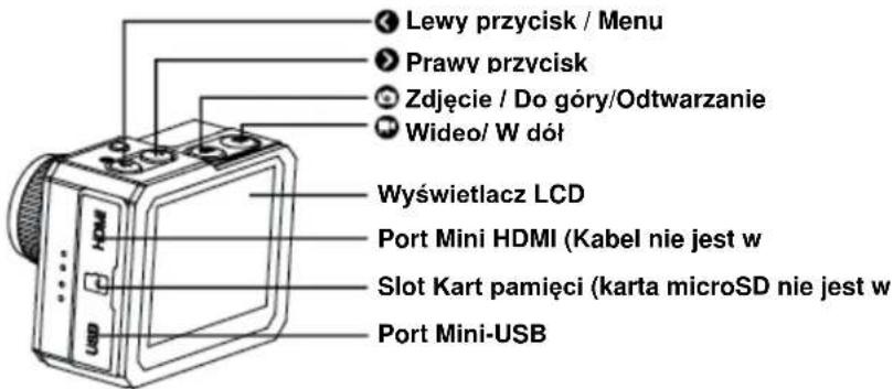 Lewy przycisk / Menu Prawy przycisk Zdjęcie / Do góry/Odtwarzanie Wideo/ W dół Wyświetlacz LCD Port Mini HDMI (Kabel nie jest w Slot Kart pamięci (karta microSD nie jest w Port Mini-USB