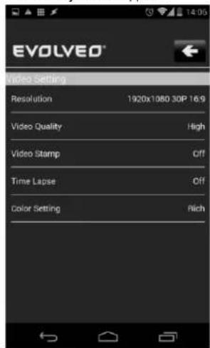 EVOLVED Video Setting Resolution 1920x1080 30P 16.9 Video Quality High Video Stamp Off Time Lapse Off Color Setting Rich