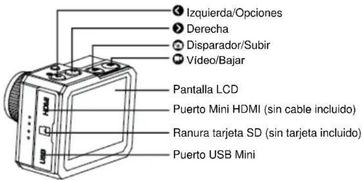 Izquierda/Opciones Derecha Disparador/Subir Vídeo/Bajar Pantalla LCD Puerto Mini HDMI (sin cable incluido) Ranura tarjeta SD (sin tarjeta incluido) Puerto USB Mini
