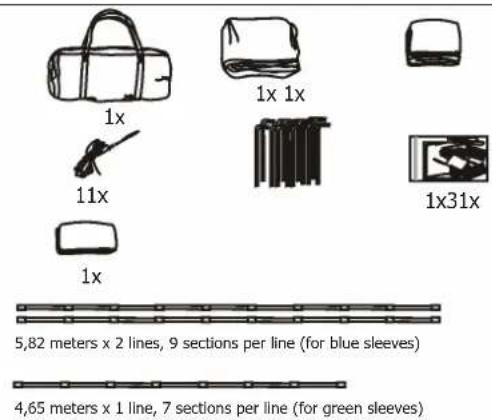 1x 11x 1x 1x 1x31x 5,82 meters x 2 lines, 9 sections per line (for blue sleeves) 4,65 meters x 1 line, 7 sections per line (for green sleeves)