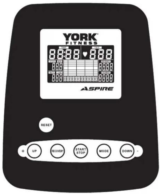 YORK® FITNESS 8:8:88 ♥ 8:88 ASPIRE RESET + UP RECOVERY START STOP MODE DOWN -