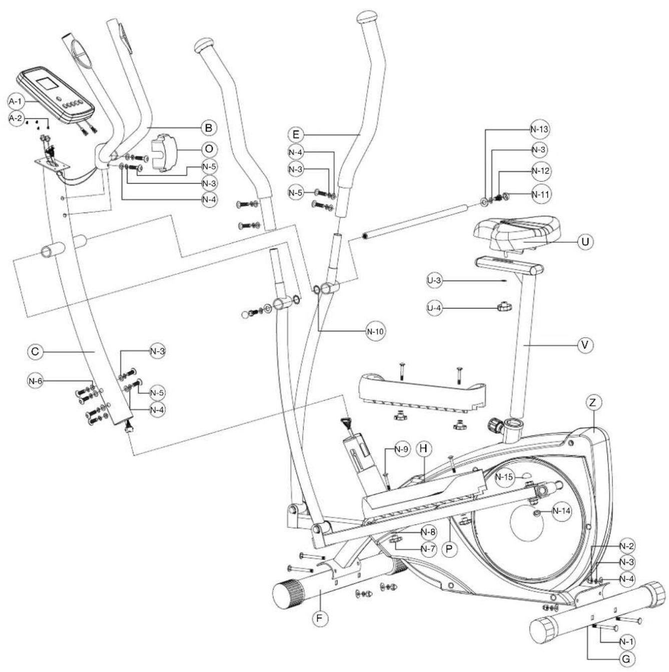Technical diagram of an exercise machine with labeled components and wiring connections